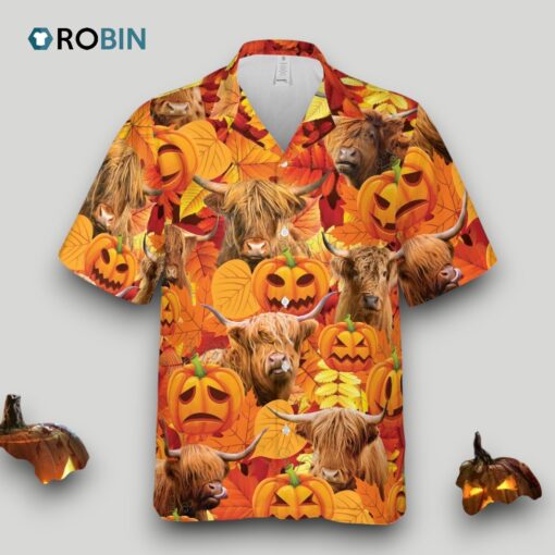 Autumn Leaf Highland Cattle Pumpkin Hawaiian Shirt Short Sleeve
