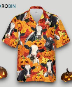 Autumn Leaf Holstein Cattle Pumpkin Hawaiian Shirt Short Sleeve