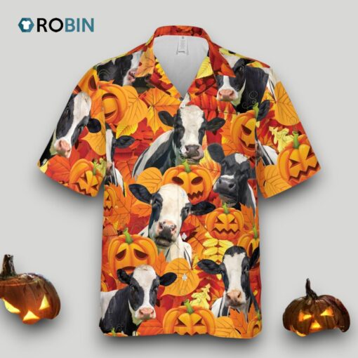 Autumn Leaf Holstein Cattle Pumpkin Hawaiian Shirt Short Sleeve
