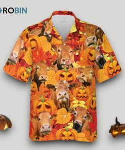 Autumn Leaf Limousin Cattle Pumpkin Hawaiian Shirt