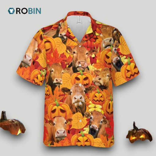 Autumn Leaf Limousin Cattle Pumpkin Hawaiian Shirt