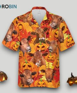 Autumn Leaf Red Angus Cattle Pumpkin Hawaiian Shirt