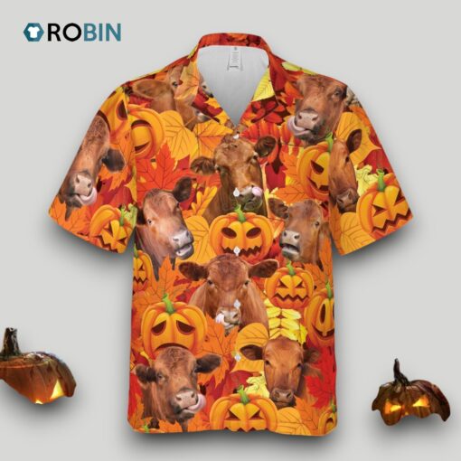 Autumn Leaf Red Angus Cattle Pumpkin Hawaiian Shirt
