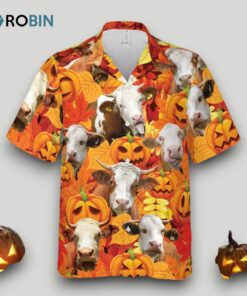 Autumn Leaf Simmental Cattle Pumpkin Hawaiian Shirt