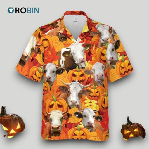 Autumn Leaf Simmental Cattle Pumpkin Hawaiian Shirt