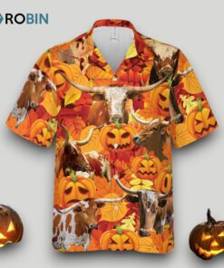 Autumn Leaf Tx Longhorn Cattle Pumpkin Hawaiian Shirt