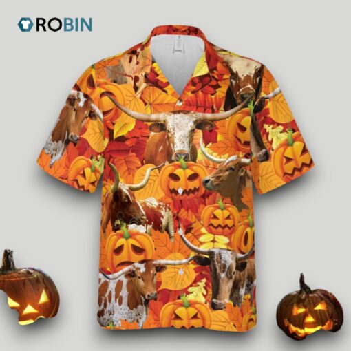 Autumn Leaf Tx Longhorn Cattle Pumpkin Hawaiian Shirt