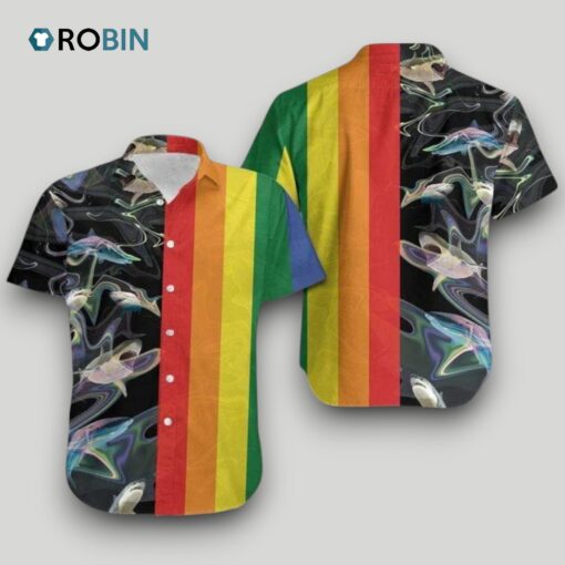Beach Shirt Hawaii Shirt Lgbt Rainbow Sharks , Gay Pride Clothes, Gay Hawaiian Shirts