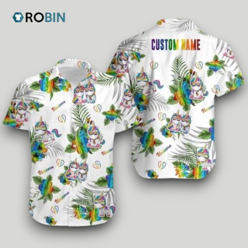 Beach Shirt Hawaiians Lgbt Unicorn Hibiscus Custom Name , Aloha Shirt
