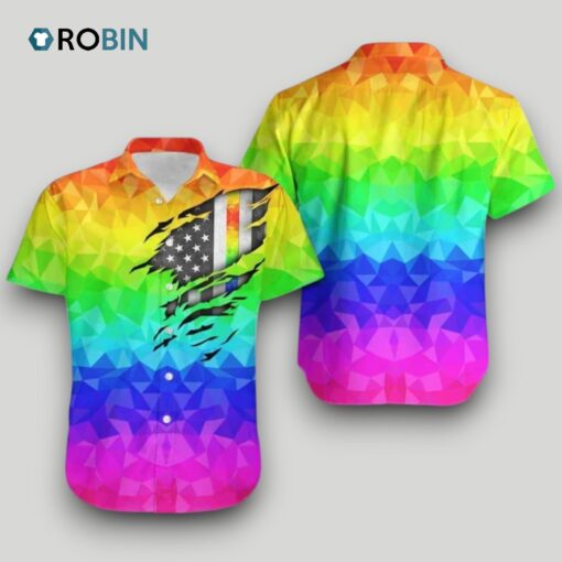 Beach Shirt Lgbt Pride Hawaiian Shirt Rainbow Polygonal American Flag Inside Hawaii, Pride Shirts