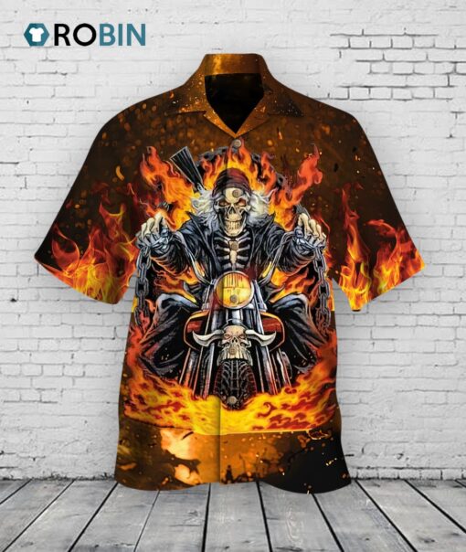 Biker Skull On Fire Hawaiian Shirt, Best Gift For Skull Lovers