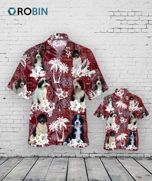 Black and White Goldendoodle Hawaiian Shirt, Hawaii Shirt With Dog And Red Tribal Pattern
