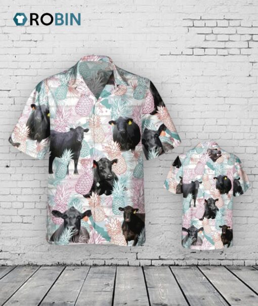 Black Angus And Pineapple Hawaiian Shirt, Black Angus Hawaii Aloha Shirt, Bull Hawaiian Shirt