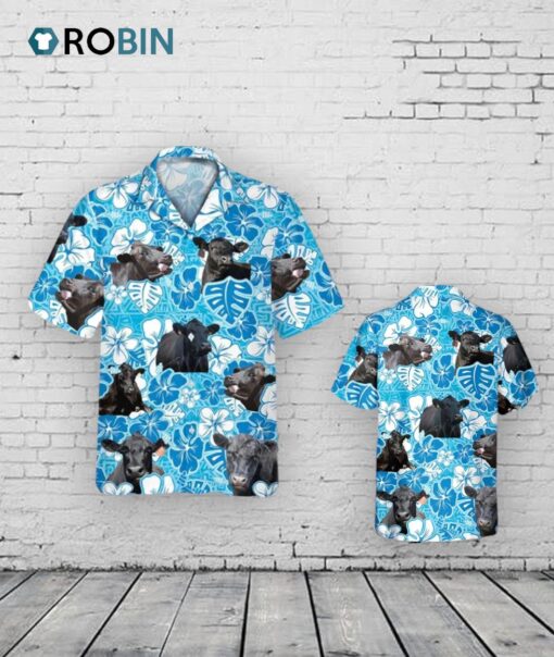 Black Angus Blue Floral Hawaiian Shirt, Cow Hawaii Aloha Beach Shirt, Bull Hawaiian Shirt