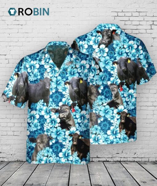 Black Angus Blue Hibiscus Flower Hawaiian Shirt, Angus Hawaiian Shirts