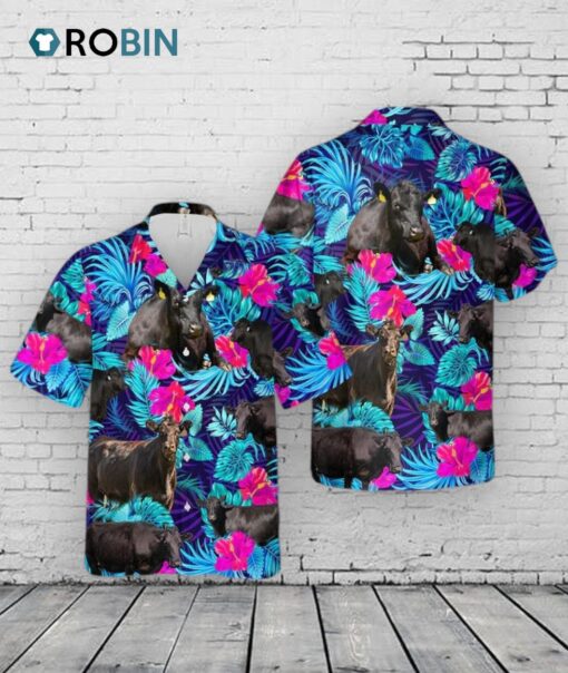 Black Angus Blue Neon Tropical Cattle Hawaii Shirt, Cow Hawaiian Shirt