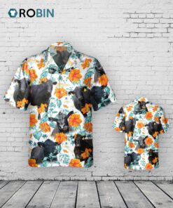 Black Angus Bright Hibiscus Flowers Hawaiian Shirt, Men’s Cow Hawaiian Shirt, Bull Hawaii Aloha Shirt