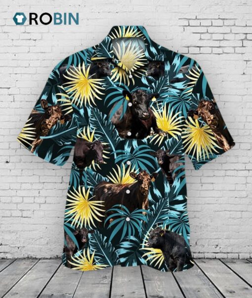 Black Angus Cattle Blue And Yellow Tropical Plants Hawaiian Shirt