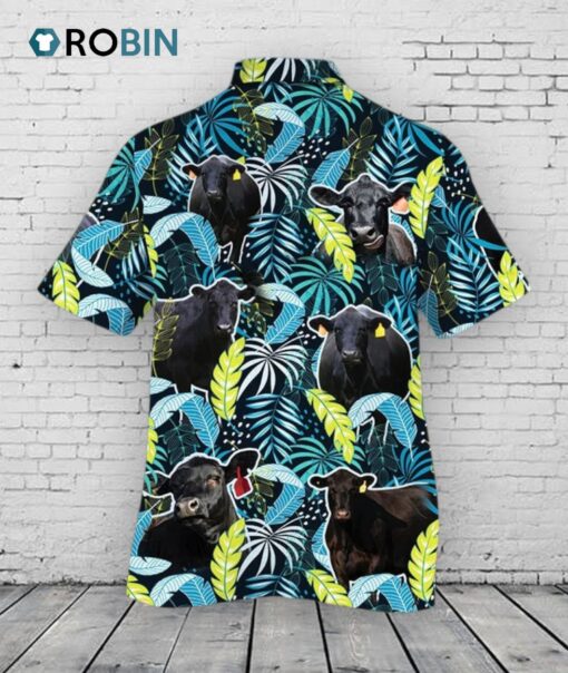 Black Angus Cattle Lovers Jungle Leaves Hawaiian Shirt