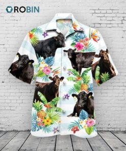 Black Angus Cattle Lovers Tropical Flower Hawaiian Shirt, Cow Aloha Short Sleeve Casual Hawaiian Shirt