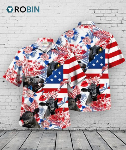 Black Angus Hawaiian Shirts, Black Angus In American Flag Pattern Tropical Flower Hawaiian Shirt