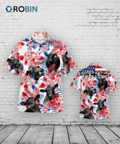 Black Angus In American Flag Pattern Hawaiian Shirt, Black Angus Hawaiian Shirt, Black Bull Hawaiian Shirt
