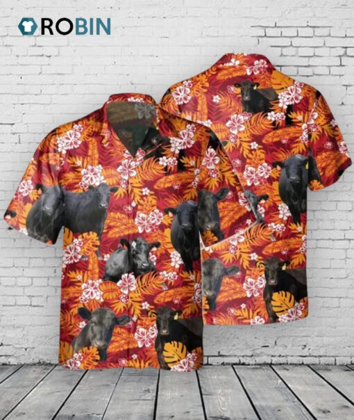 Black Angus Red Orange Floral Hawaiian Shirt, Cow Hawaiial Shirt, Bull Hawaiian Shirt