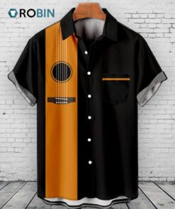 Black Retro Guitar Print Hawaiian Shirts Gift for Guitarist Classic Shirt for Guitar Lover
