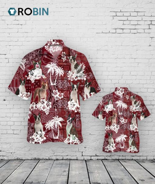 Boston Terrier Hawaiian Shirt, Dog Aloha Beach Shirt Red Tribal Pattern