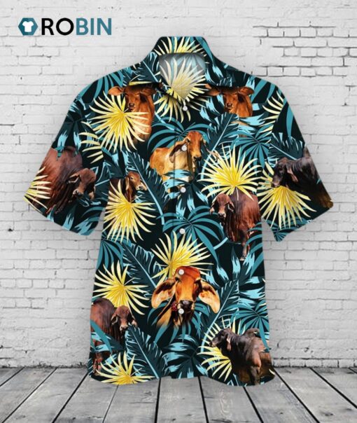 Brahman Cattle Blue And Yellow Tropical Plants Hawaiian Shirt