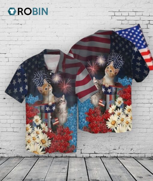 Cat Hawaiian Shirt, 4th Of July Cat Aloha Beach Shirts, Cat Independence Day Hawaiian Shirts