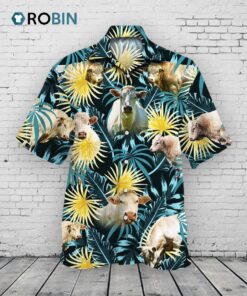 Charolais Cattle Blue And Yellow Tropical Plants Hawaiian Shirt