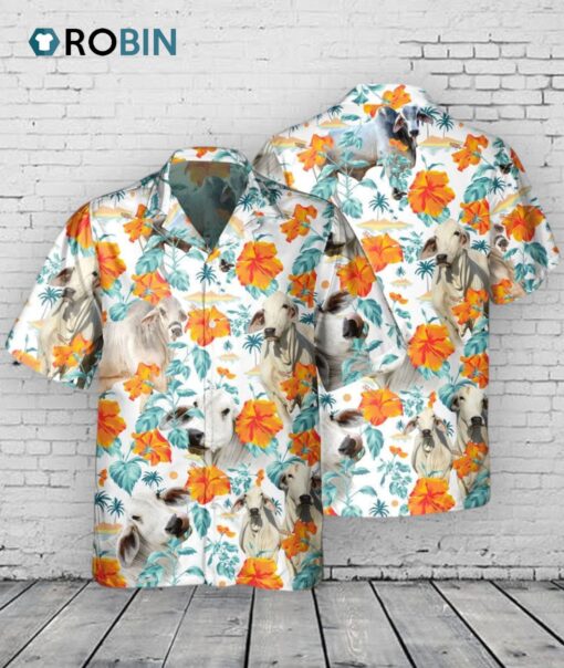 Custom Name Brahman Cow Hibiscus Flowers All 3D Printed Hawaiian Shirt