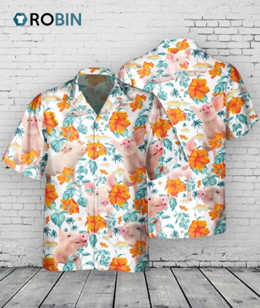 Custom Name Funny Pig Hibiscus Flowers All 3D Printed Hawaiian Shirt   Best Hawaiian Shirt for Team