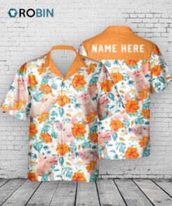 Custom Name Funny Pig Hibiscus Flowers All 3D Printed Hawaiian Shirt   Best Hawaiian Shirt for Team