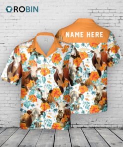 Custom Name Hereford Cow Hibiscus Flowers All 3D Printed Hawaiian Shirt