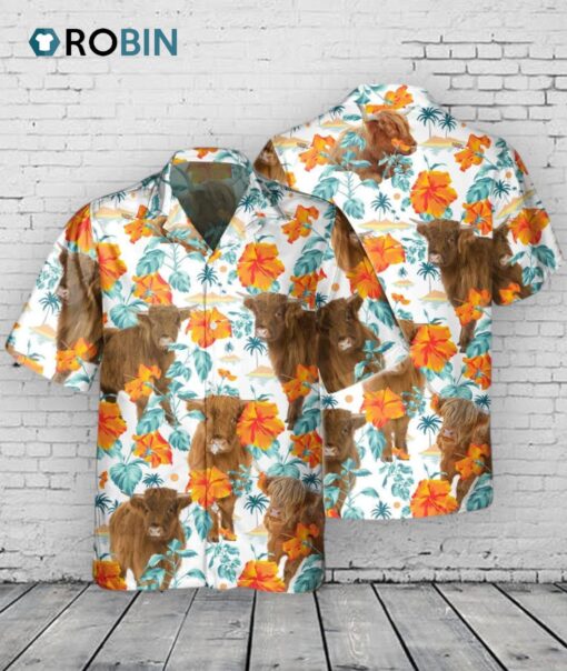 Custom Name Highland Cow Hibiscus Flowers All 3D Printed Hawaiian Shirt
