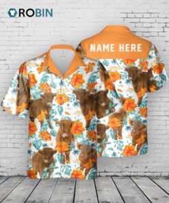 Custom Name Highland Cow Hibiscus Flowers All 3D Printed Hawaiian Shirt