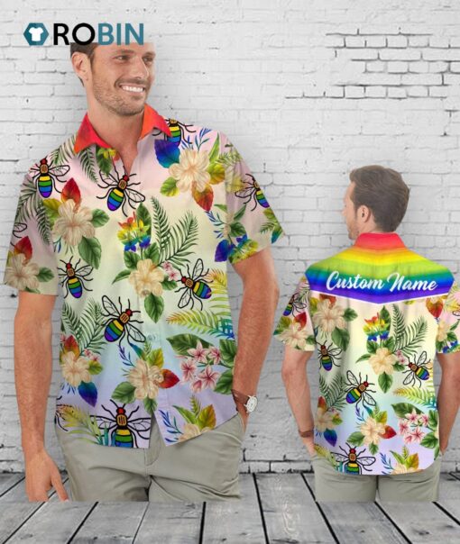 Custom Name Men Hawaiian Shirt For Lgbt Community, Rainbow Bee Hibiscus Flower