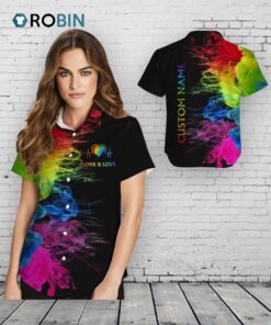 Custom Name Women Hawaiian Shirt For Lesbian, Love Is Love Rainbow Heartbeats, Pride Month LGBT