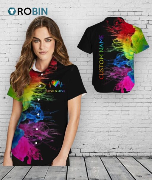 Custom Name Women Hawaiian Shirt For Lesbian, Love Is Love Rainbow Heartbeats, Pride Month LGBT