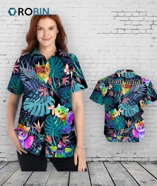 Custom Name Women Hawaiian Shirt For Lgbt Community, Cute Cat Lgbt Flag