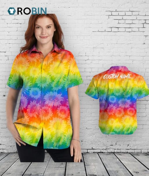 Custom Name Women Hawaiian Shirt For Lgbtq Community In Pride Month, Rainbow Sunflower Pattern