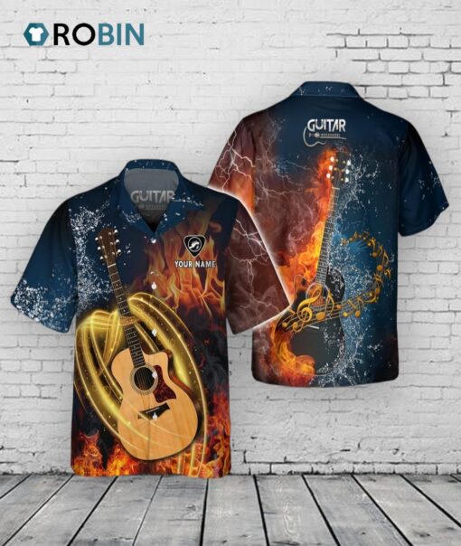 Custom With Name Acoustic Guitar Water And Fire Hw 3D Hawaiian Shirt, Guitarist Hawaiian Shirt