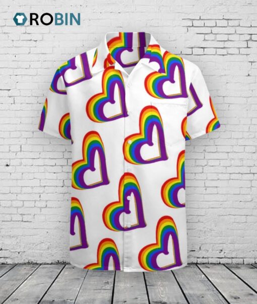 Cute Lgbt Rainbow Flag Hearts Pattern Gay Pride Hawaiian Vintage Shirt Mens Button Down Tropical Hawaii Beach Shirts