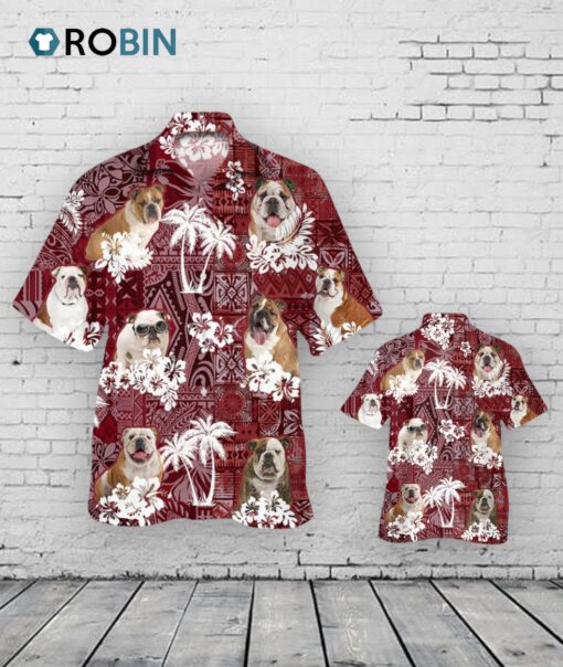 English BullDog Hawaiian Shirt, Cool Hawaiian Shirt With Dog Red Tribal Pattern