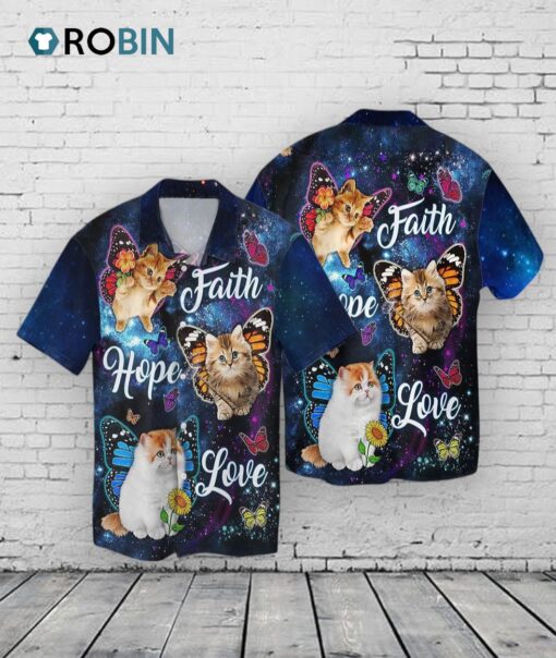 Faith Hope Love Cat 3D Hawaiian Shirt For Cat Lovers, Cat Flying Hawaii Aloha Beach Shirt Short Sleeve