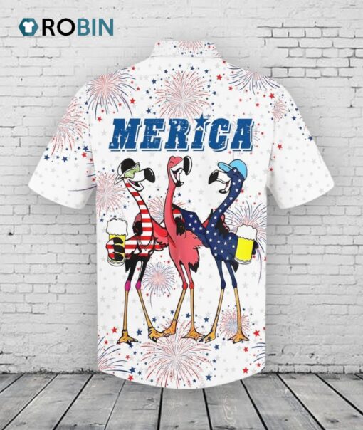 Flamingo Hawaiian Shirt, Full Printed Flamingo Drinking Beer In Usa Flag Happy Independence Day, 4th Of Jul Gift