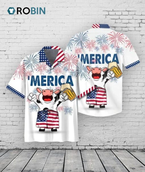Funny Cow And Beer Hawaiian Shirt, Independence Day Cow Hawaii Shirt