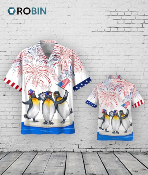 Funny Hawaiian Shirt 4th Of July, Penguins Hawaiian Shirt Independence Day, Penguin Lover Gifts